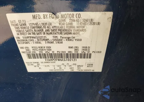 2012 Ford Taurus Limited from USA, damaged, VIN 1FAHP2FW6CG102121